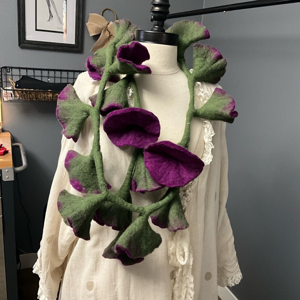 Source Unknown Green and Purple Felt Scarf